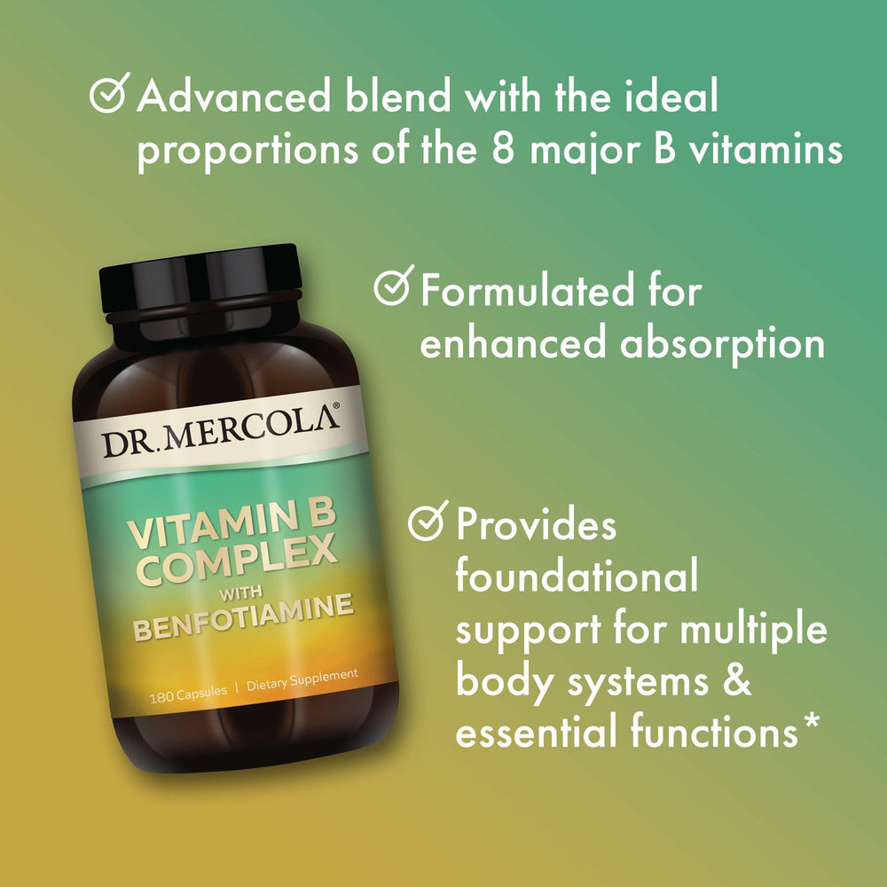 Nutrition facts panel of Dr. Mercola B Complex highlighting non-GMO, gluten-free ingredients.