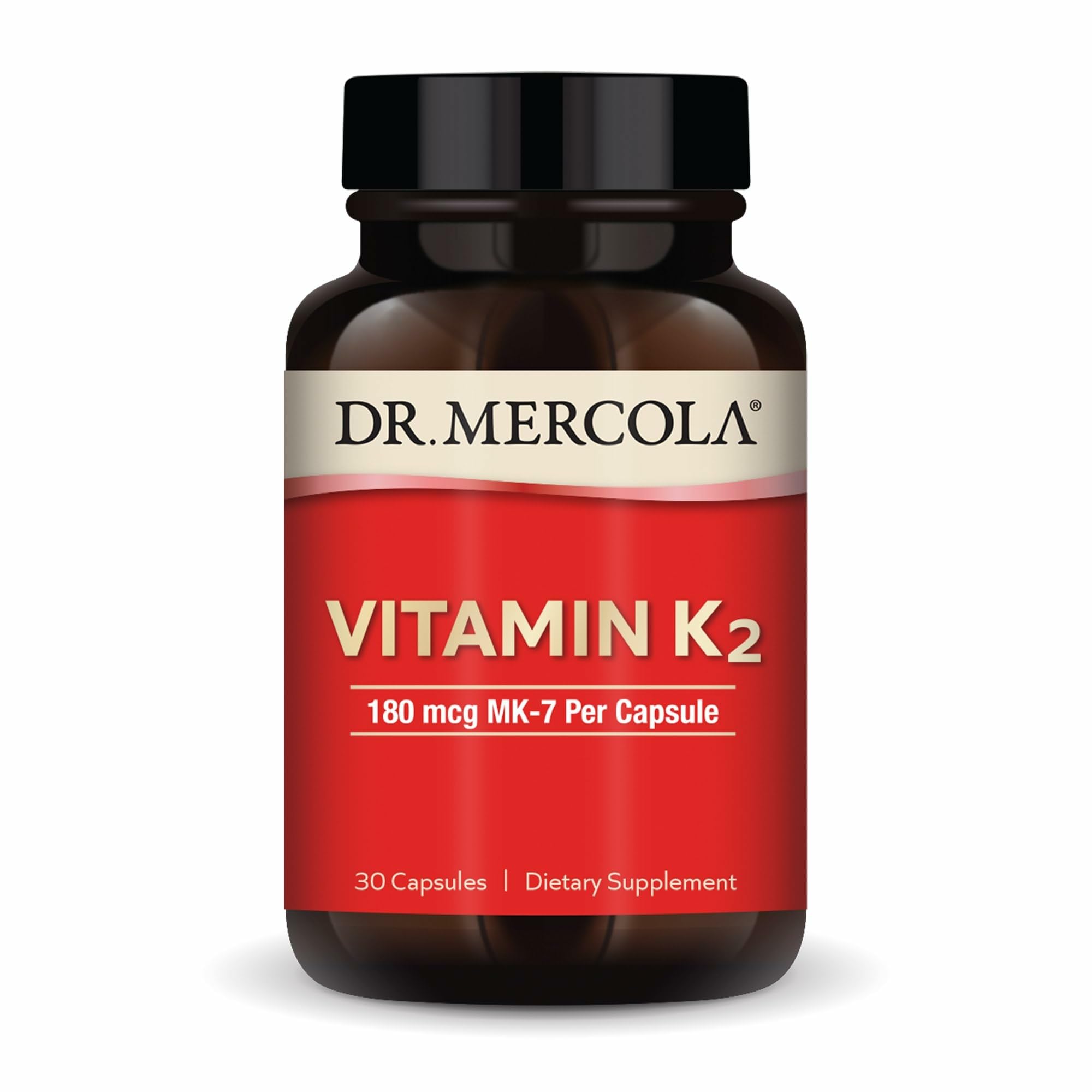 Dr. Mercola Vitamin K2-180 mcg bottle for daily bone and arterial support.