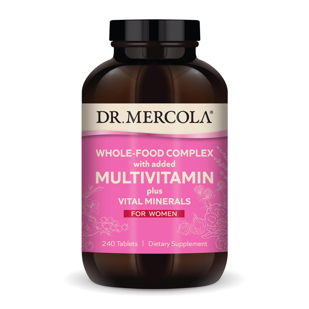 Dr. Mercola Whole-Food Complex for Women bottle with daily tablets for energy support.