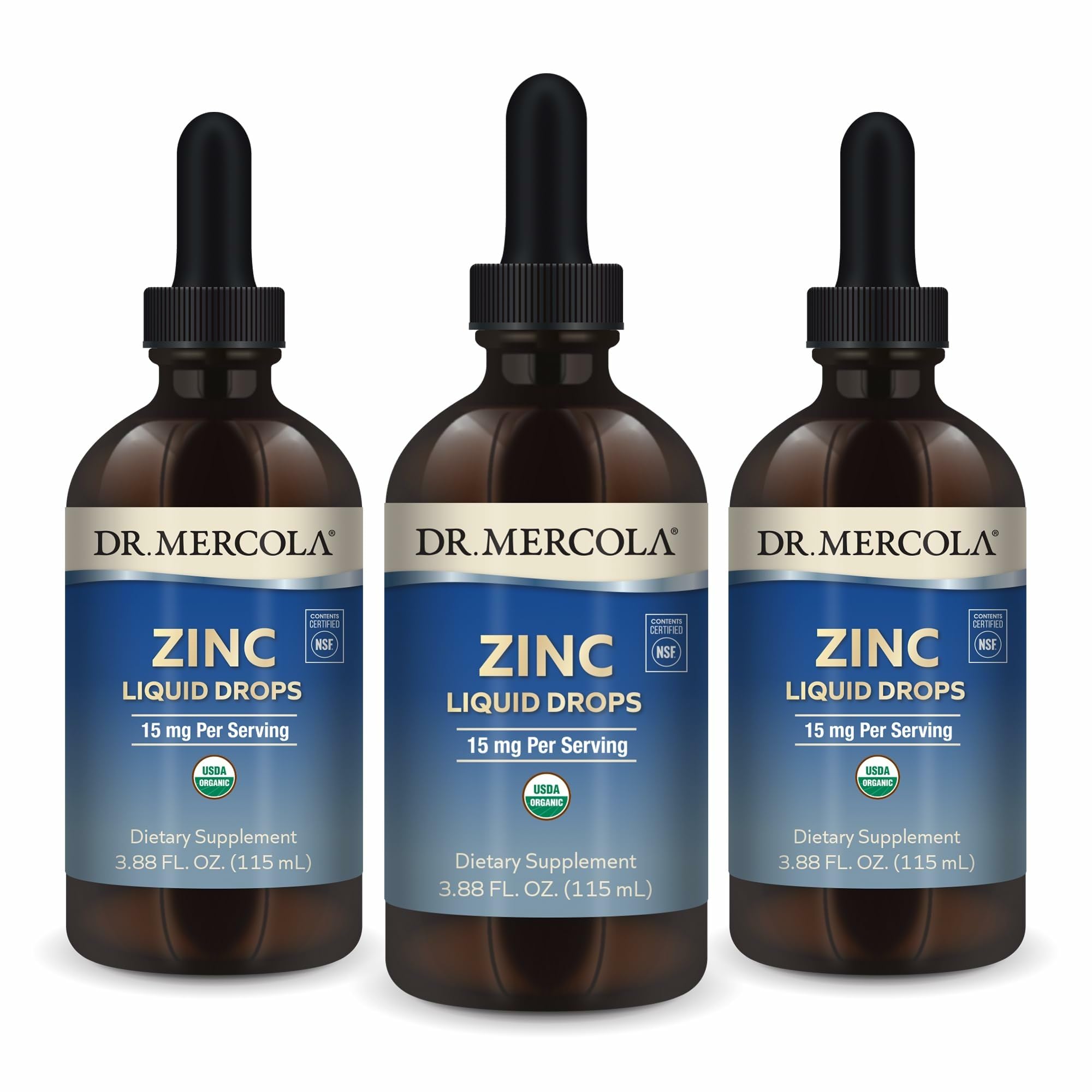 Dr. Mercola Zinc Liquid Drops bottle highlighting organic zinc for daily immune support.