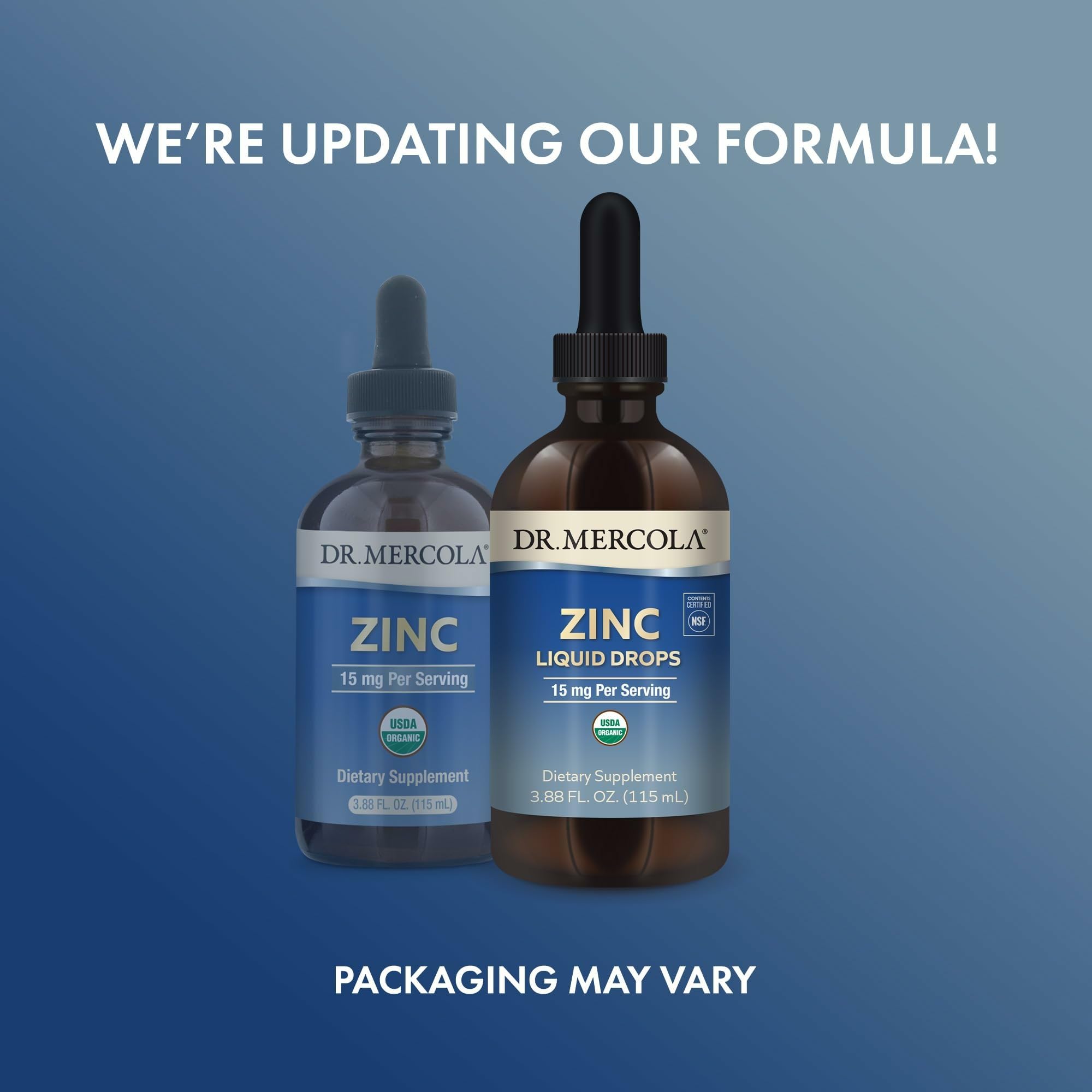 Close-up of Dr. Mercola Zinc Liquid Drops dropper releasing droplets for easy dosing