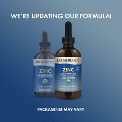 Close-up of Dr. Mercola Zinc Liquid Drops dropper releasing droplets for easy dosing