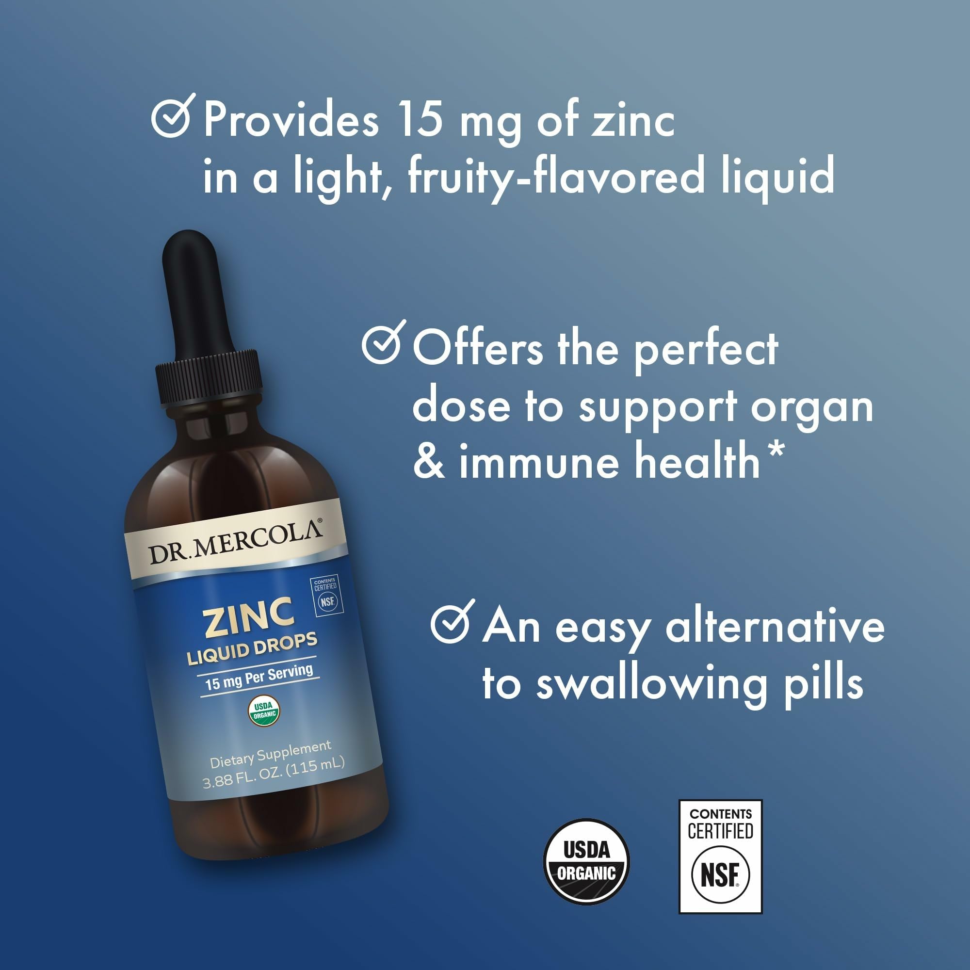 Packaging image shows USDA Organic and NSF Certifications on Dr. Mercola Zinc Liquid Drops
