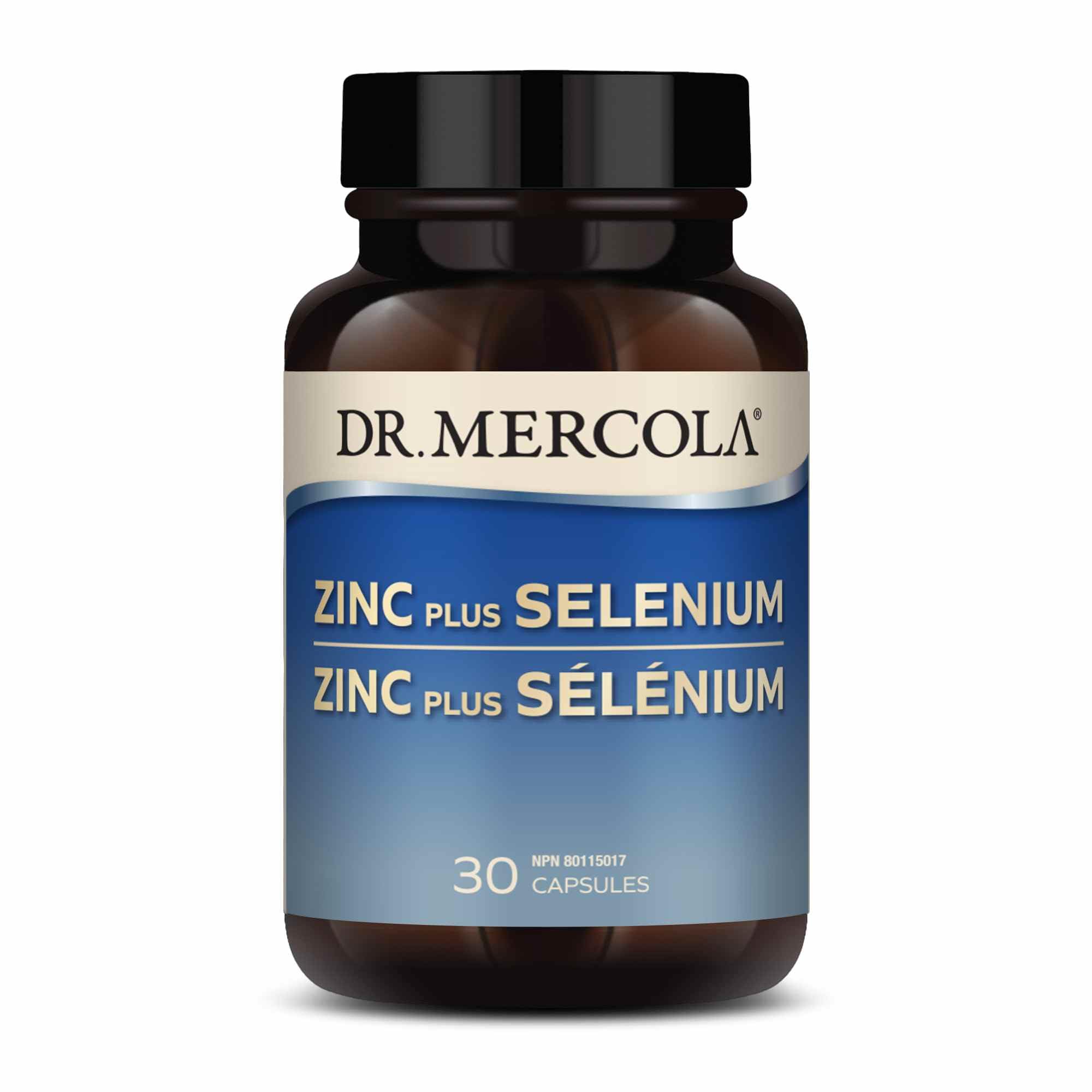 Dr. Mercola Zinc Plus Selenium bottle front view for daily immune support.