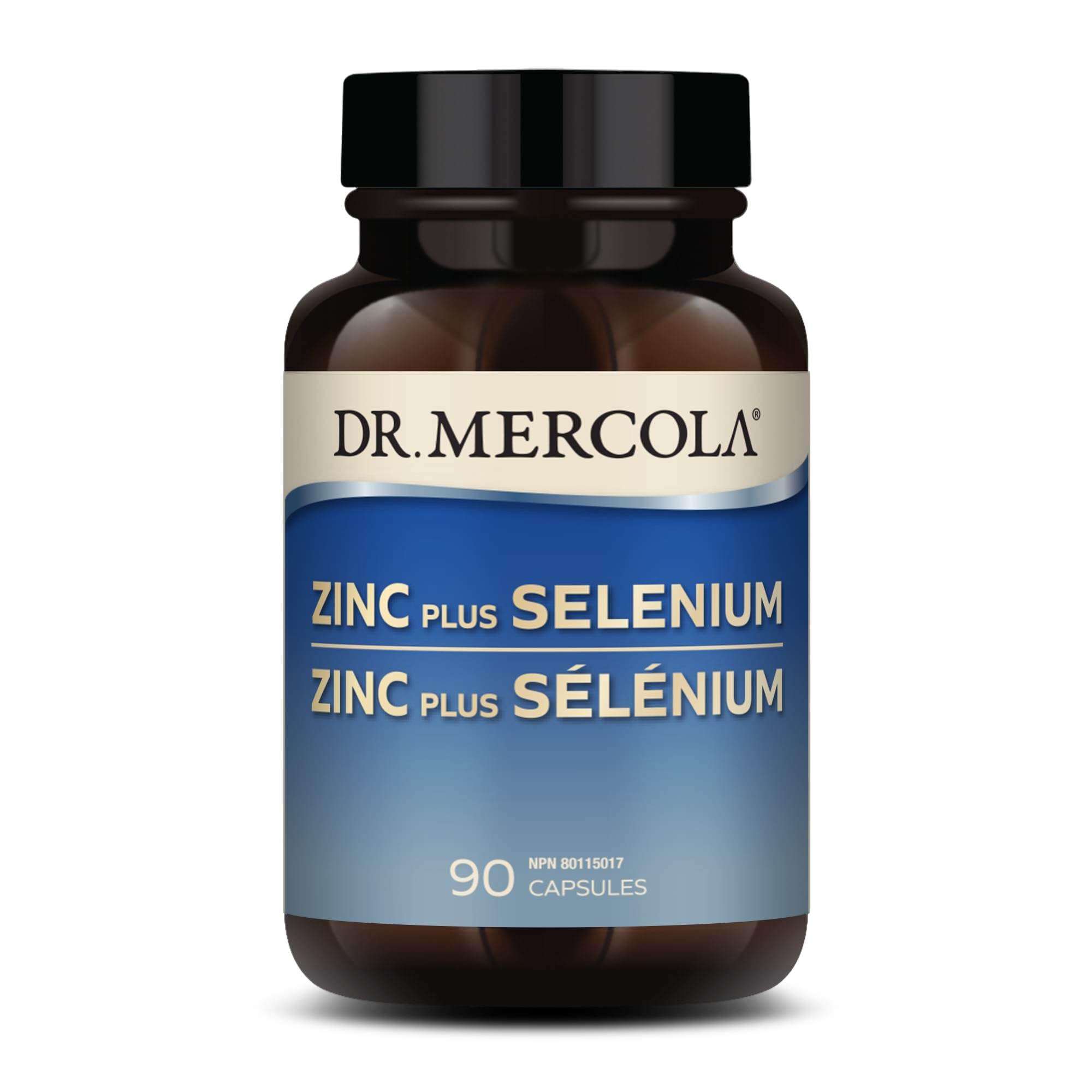 Dr. Mercola Zinc Plus Selenium bottle promoting immune and daily wellness.