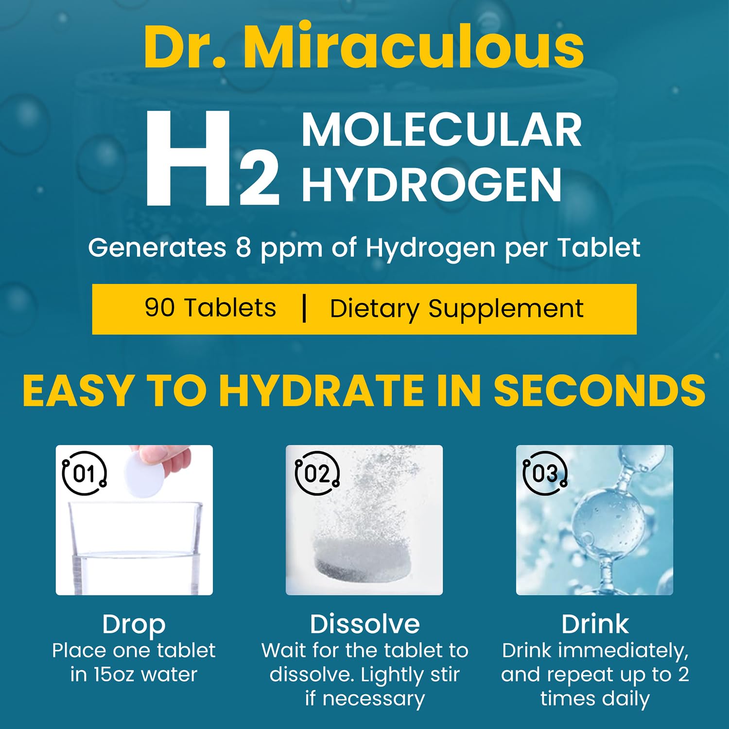 Dr. Miraculous hydrogen water tablets 90-count packaging detail.