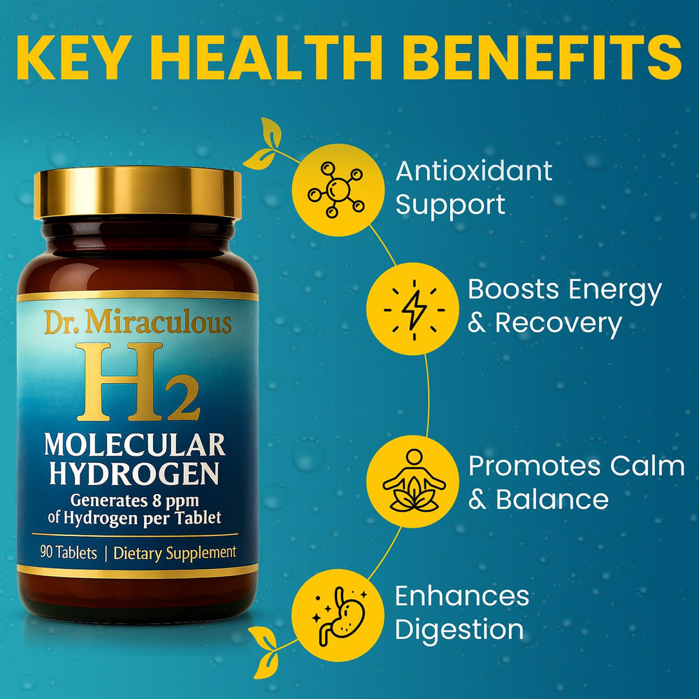 Dr. Miraculous hydrogen water tablets dissolving in water showing quick hydration.