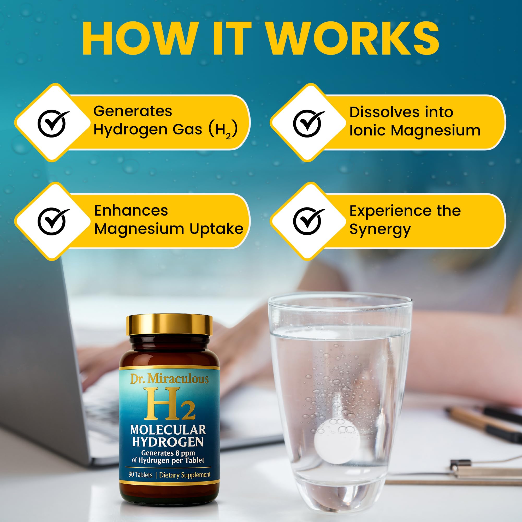 Dr. Miraculous hydrogen water tablets dissolve in a glass with light bubbles.