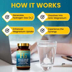 Dr. Miraculous hydrogen water tablets dissolve in a glass with light bubbles.