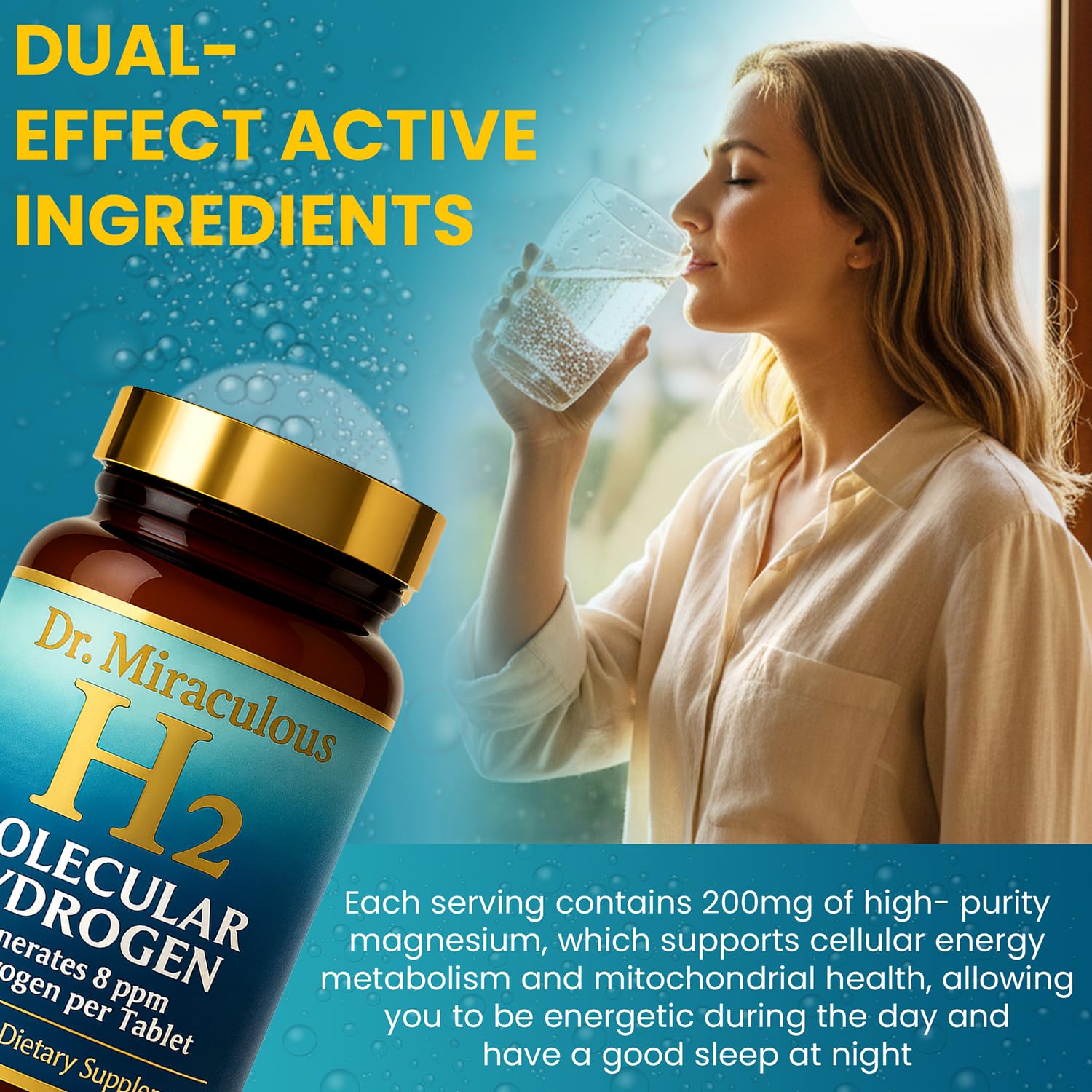 Dr. Miraculous hydrogen water tablets Non-GMO gluten-free label close-up.