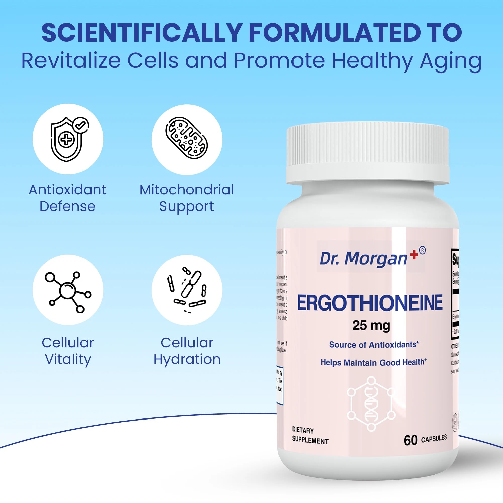 Close-up of DR.MORGAN Ergothioneine capsules for daily wellness use