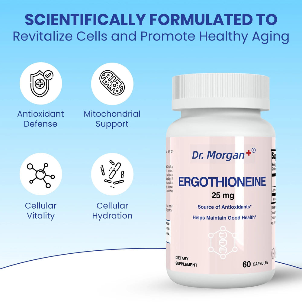 Close-up of DR.MORGAN Ergothioneine capsules for daily wellness use
