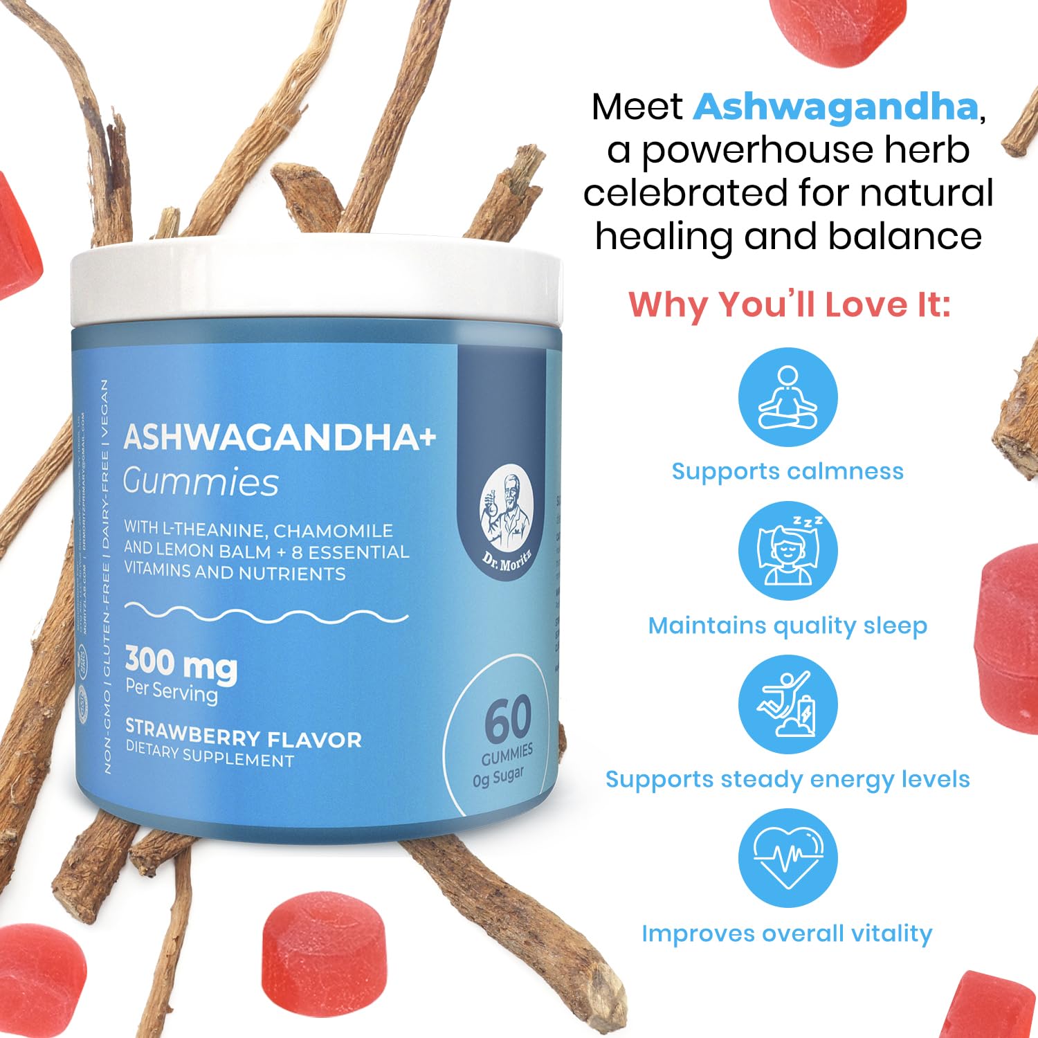 DR. MORITZ strawberry-flavored gummies for easy daily use