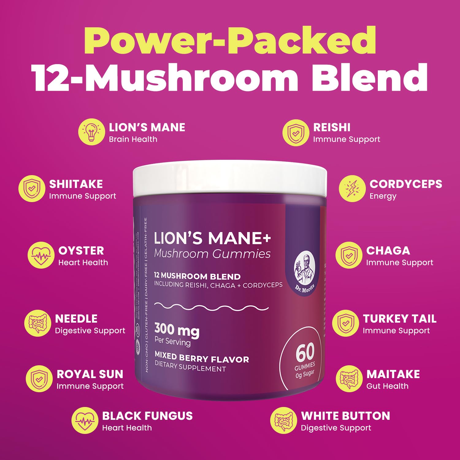 DR. MORITZ label close-up shows 300 mg per serving for balance.