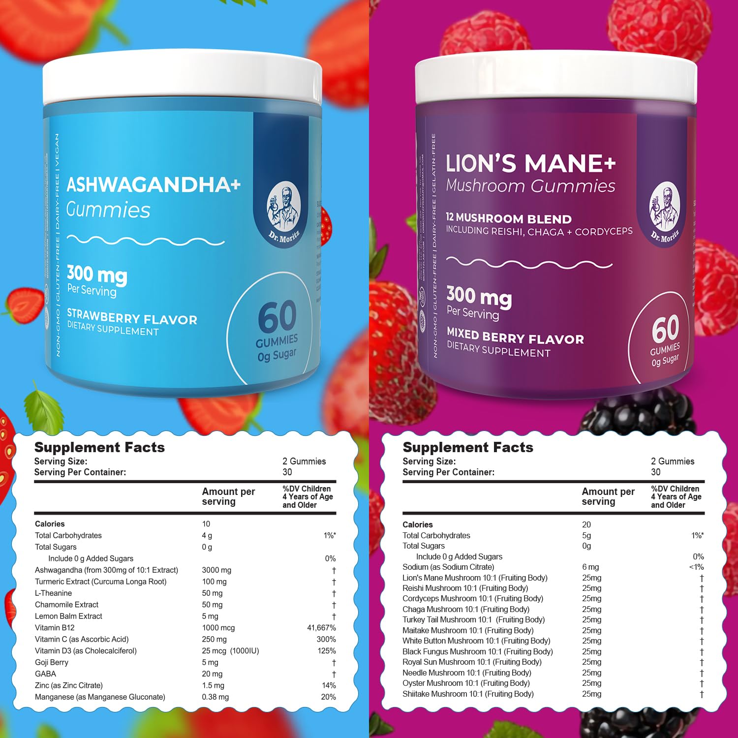 DR. MORITZ serving-shot shows easy-to-chew gummies for all ages.