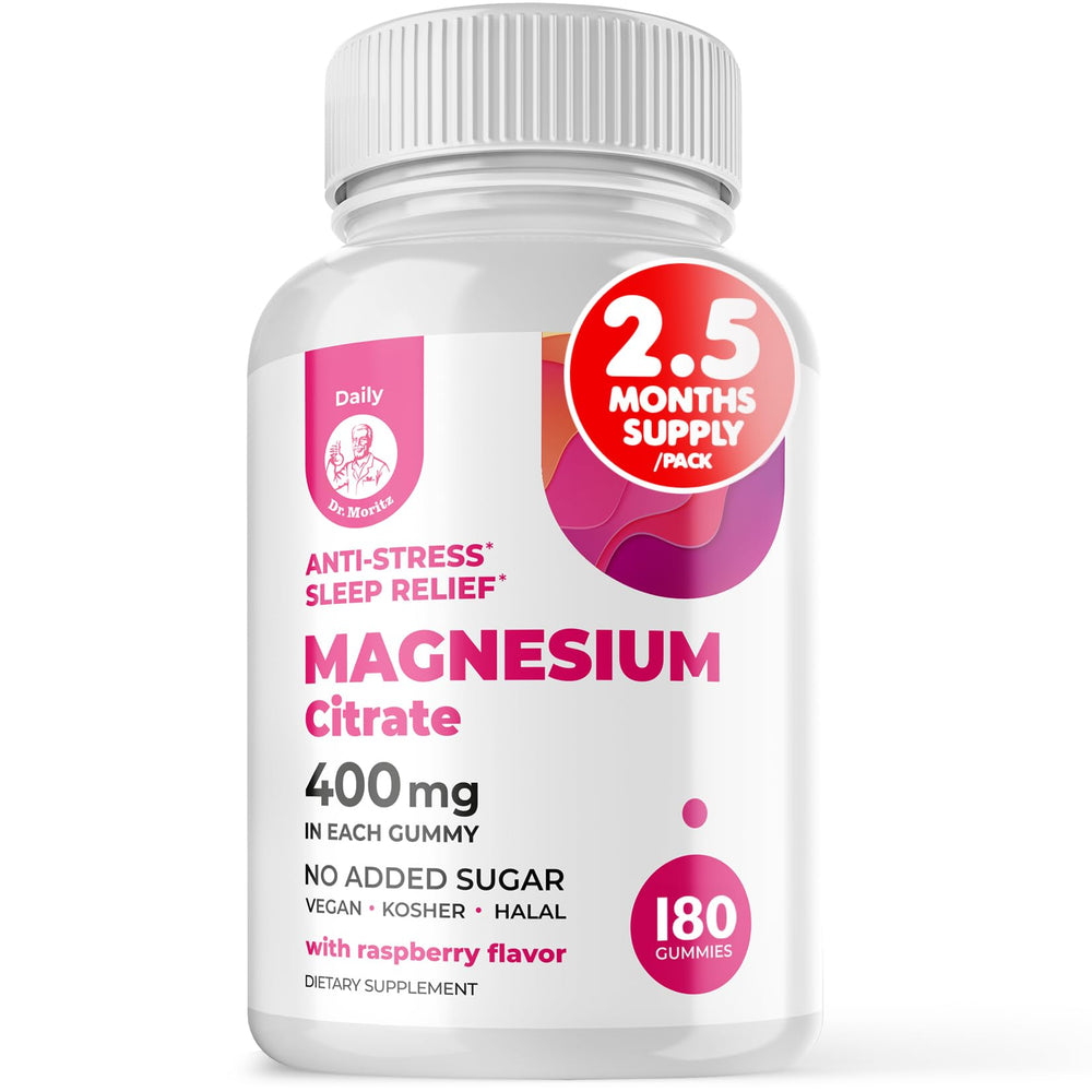 DR. MORITZ Magnesium Gummies bottle pour signaling easy daily relaxation.
