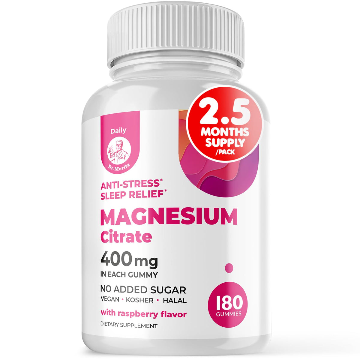 DR. MORITZ Magnesium Gummies bottle pour signaling easy daily relaxation.
