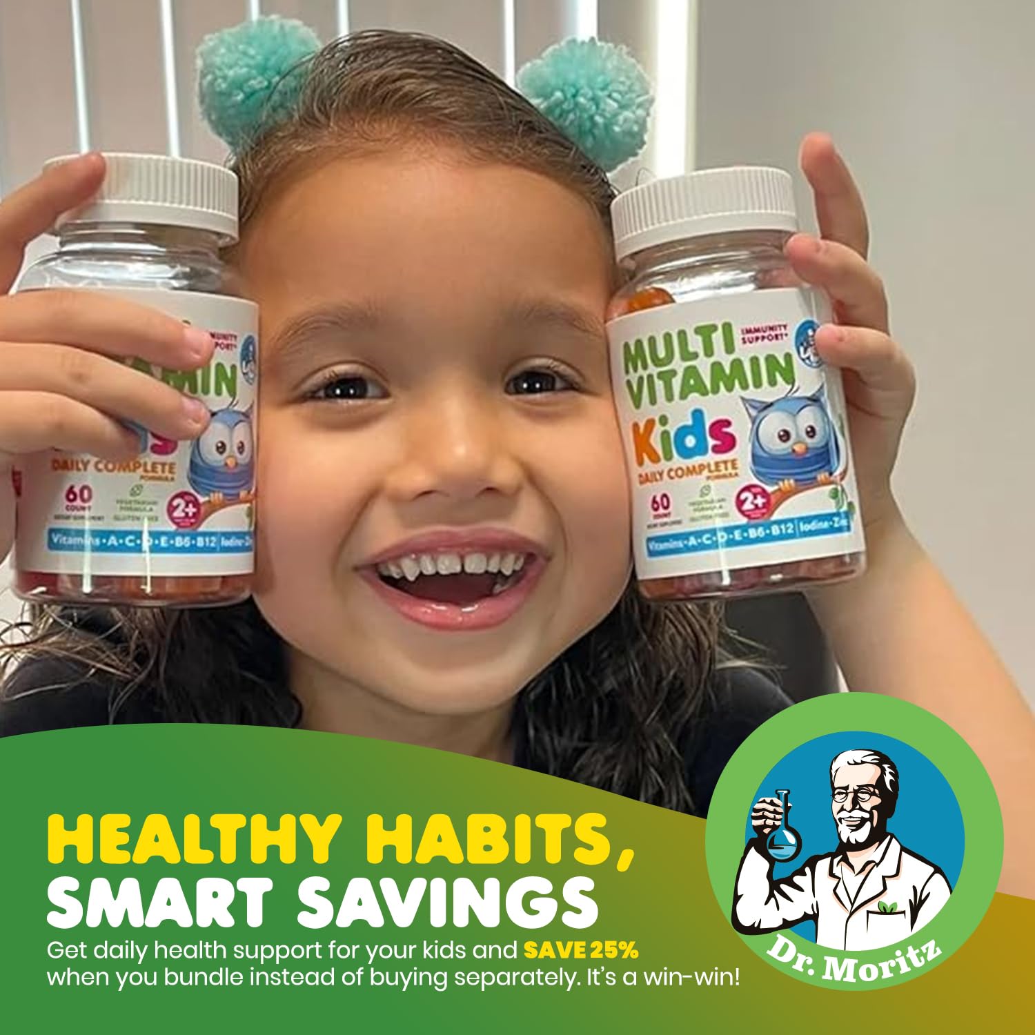 DR. MORITZ Bundle packaging shows combined omega and vitamins for families.