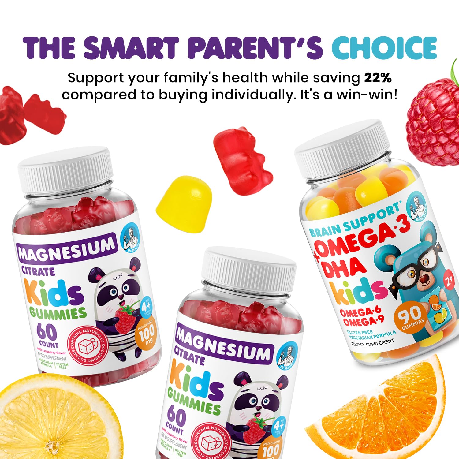 Family-friendly scene with DR. MORITZ gummies on the kitchen counter.
