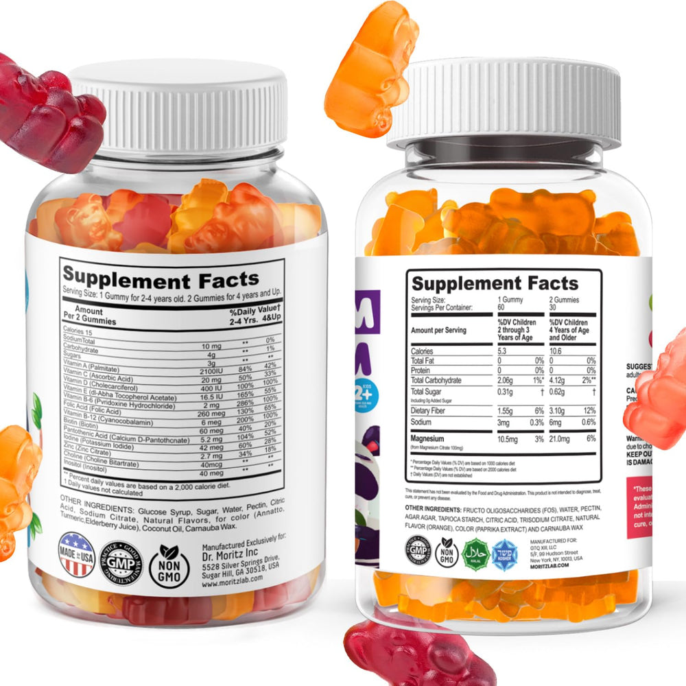 DR. MORITZ Kids Magnesium Gummies orange bottle being poured for convenience.