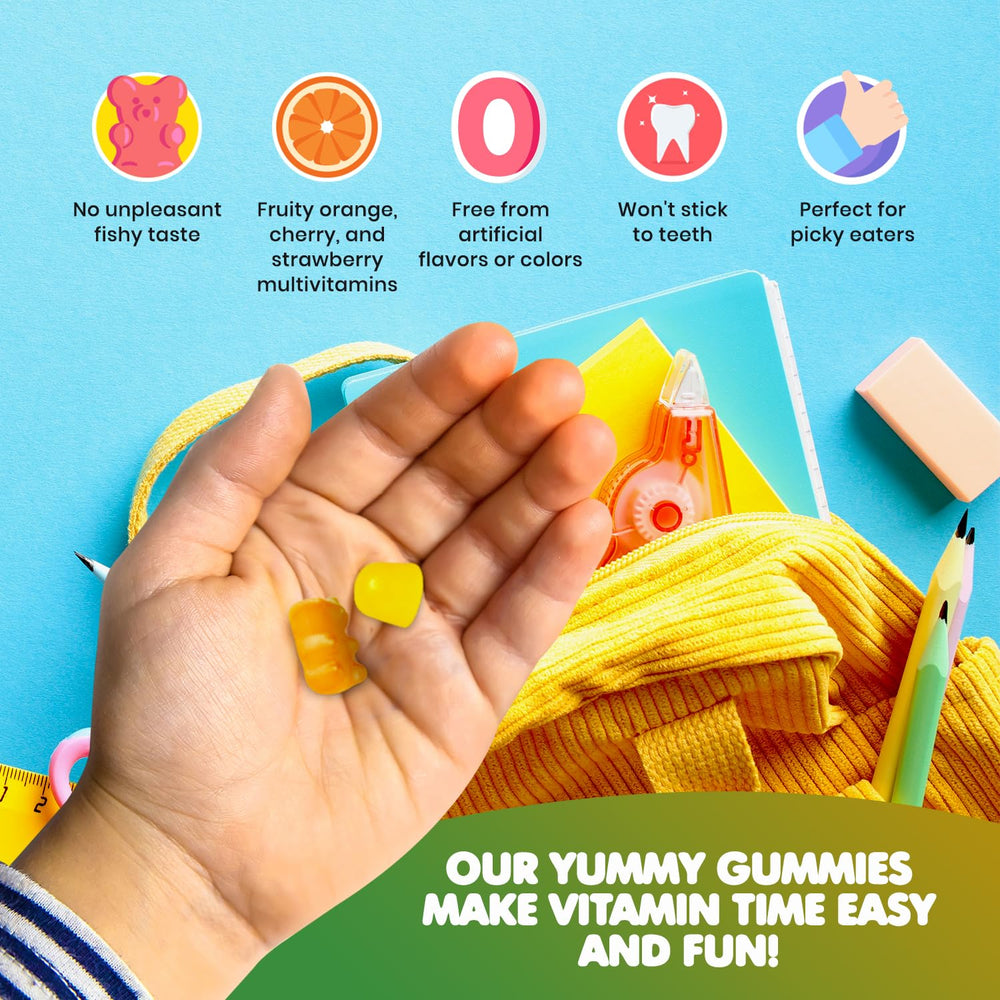 DR. MORITZ Kids Multivitamins label close-up highlighting vitamins and minerals.