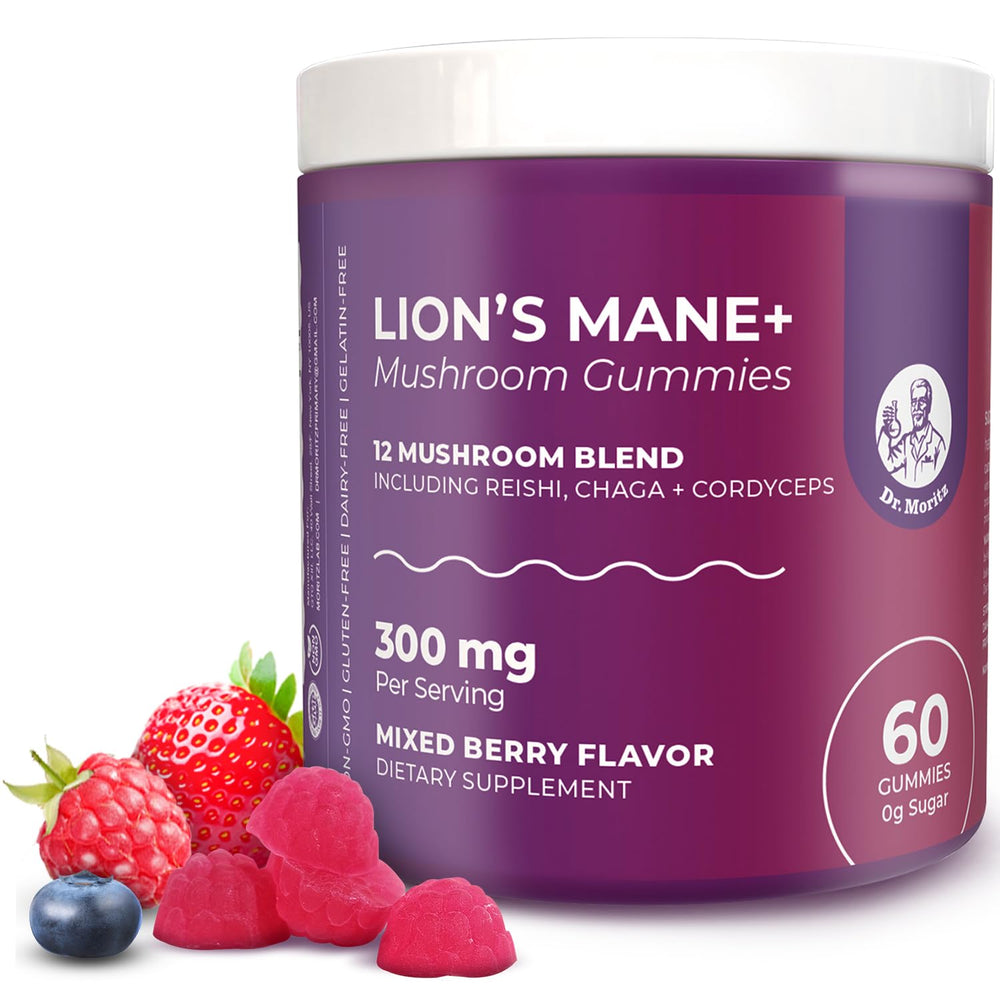 DR. MORITZ Lions Mane Gummies bottle-front view for easy daily brain and immune support.