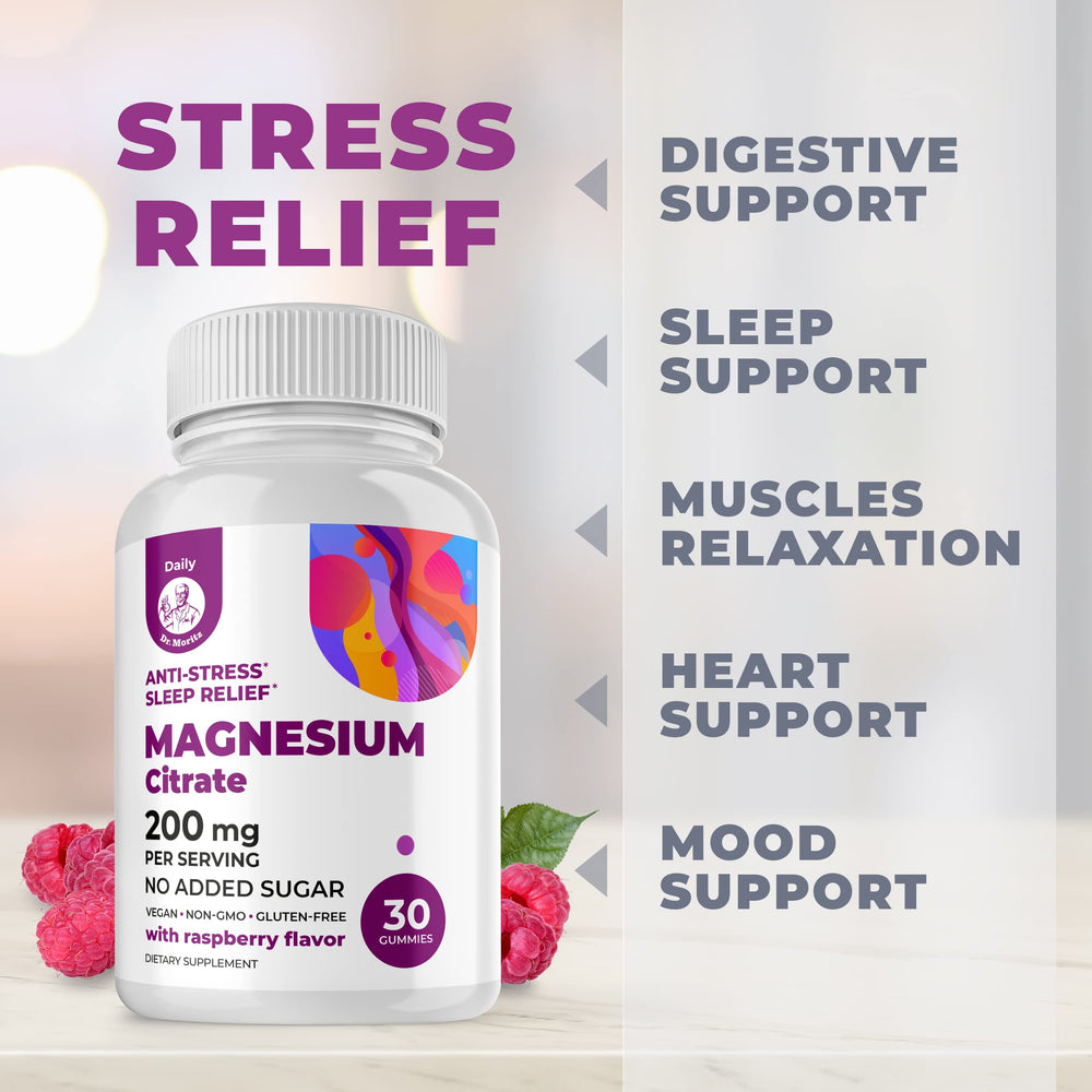 DR. MORITZ Magnesium Citrate Gummies nutrition facts show non-GMO and sugar-free formulation.
