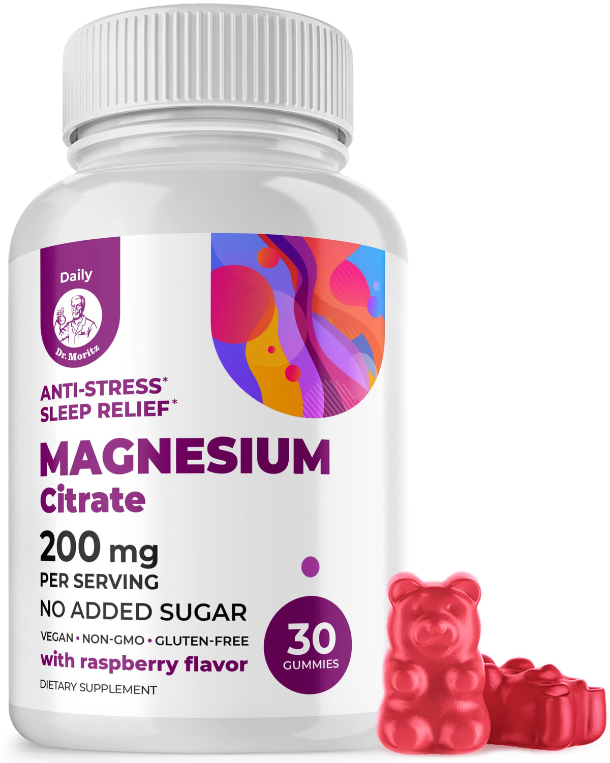 DR. MORITZ Magnesium Citrate Gummies raspberry bottle for easy daily relaxation.