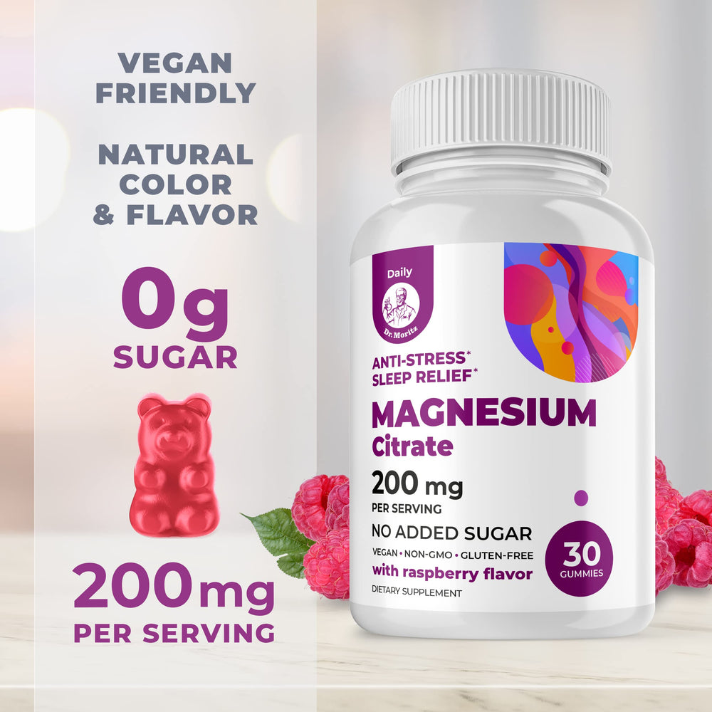 DR. MORITZ Magnesium Citrate Gummies closeup highlighting raspberry flavor for a pleasant, daily chew.