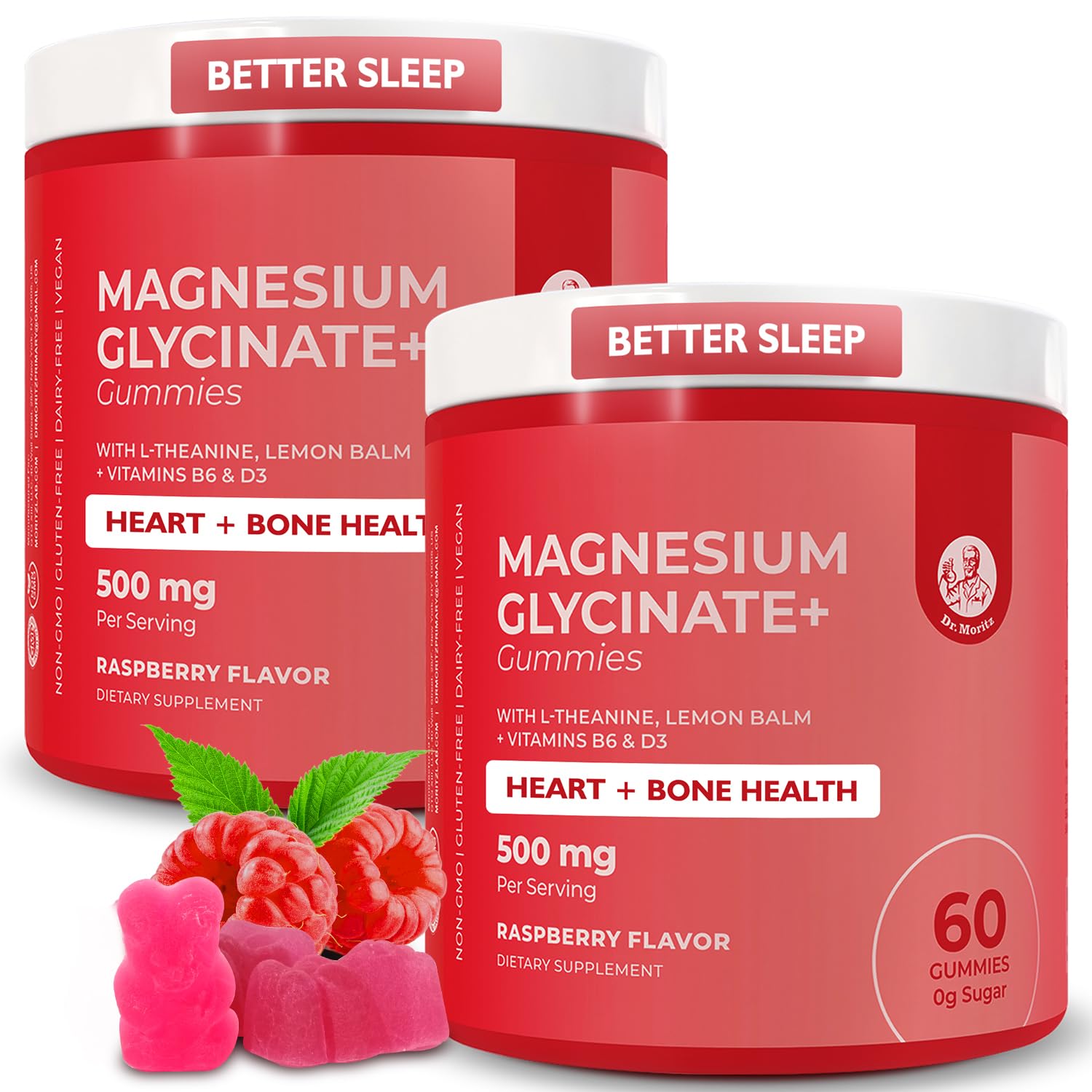 Dr. Moritz magnesium glycinate gummies bottle front promotes daily relaxation and ease