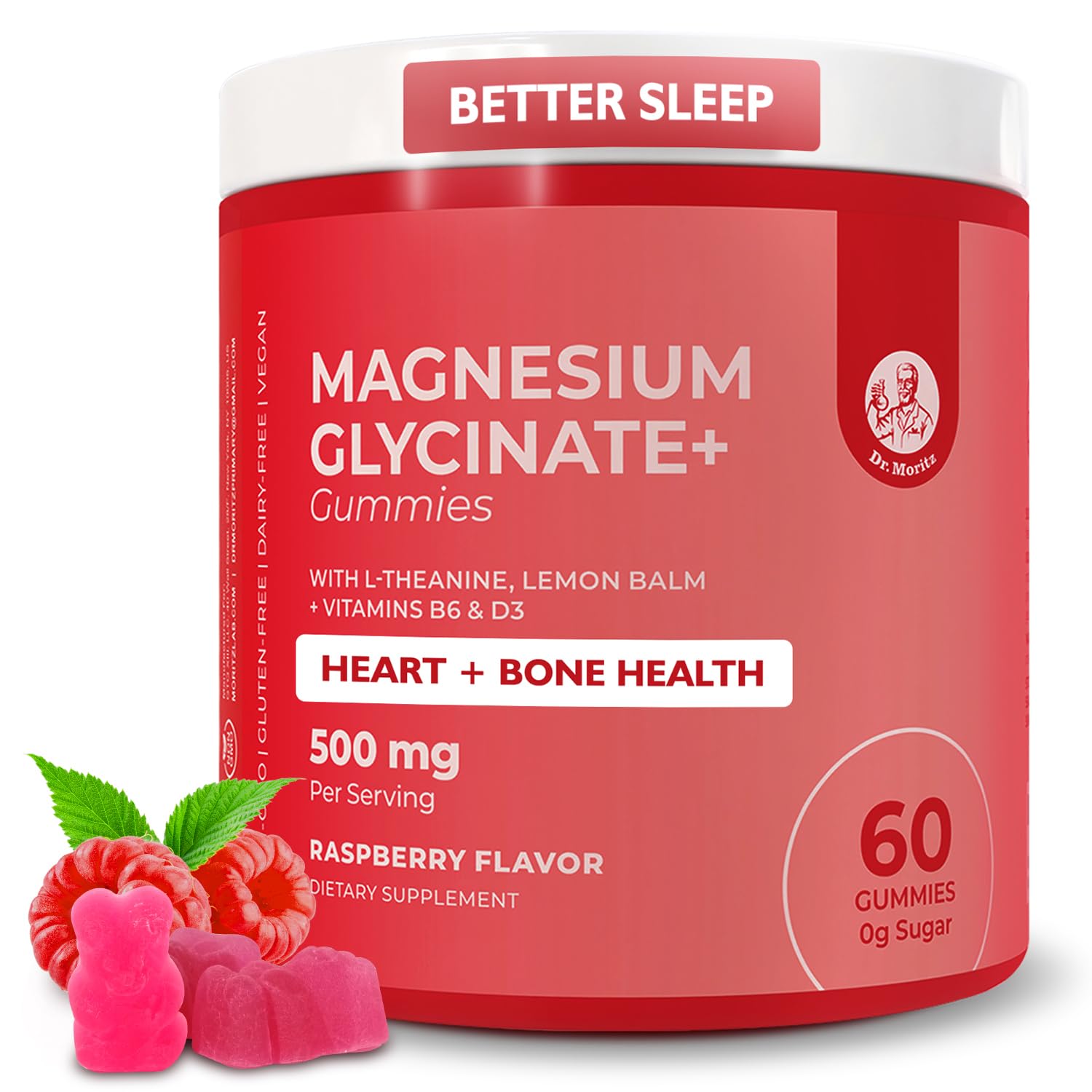 DR. MORITZ magnesium glycinate gummies bottle with raspberry flavor for daily relaxation.