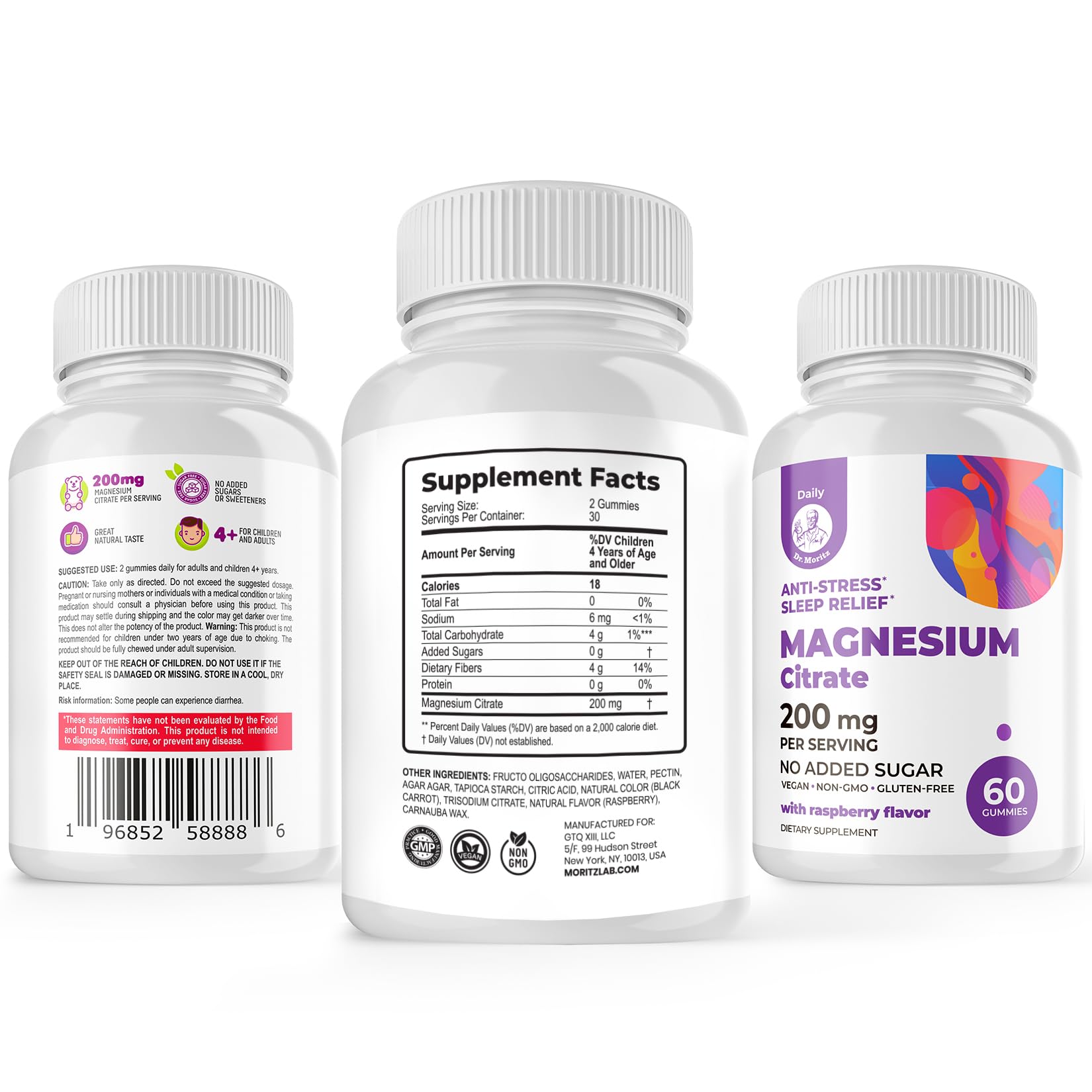 DR. MORITZ magnesium gummies bottle with label conveys non-GMO and vegetarian features.