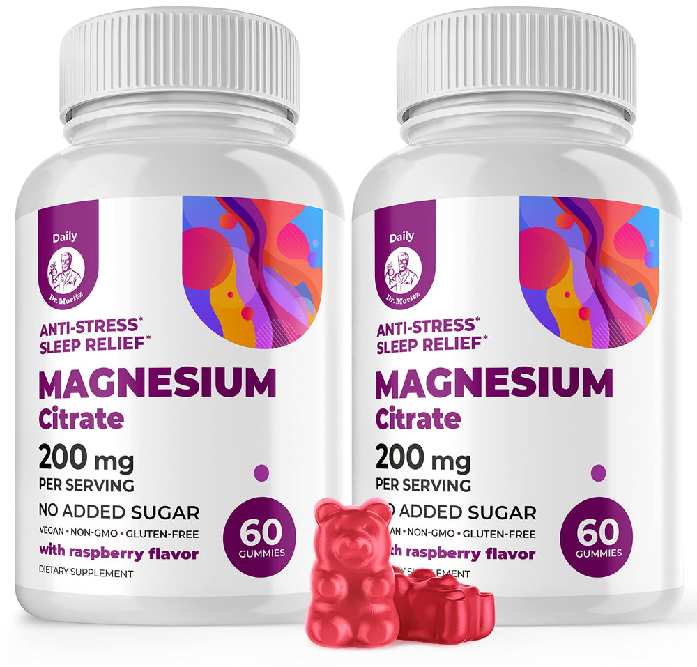 DR. MORITZ Magnesium Gummies raspberry bottle close-up highlighting sugar-free calm support.