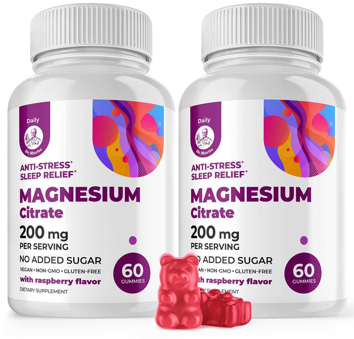 DR. MORITZ Magnesium Gummies raspberry bottle close-up highlighting sugar-free calm support.