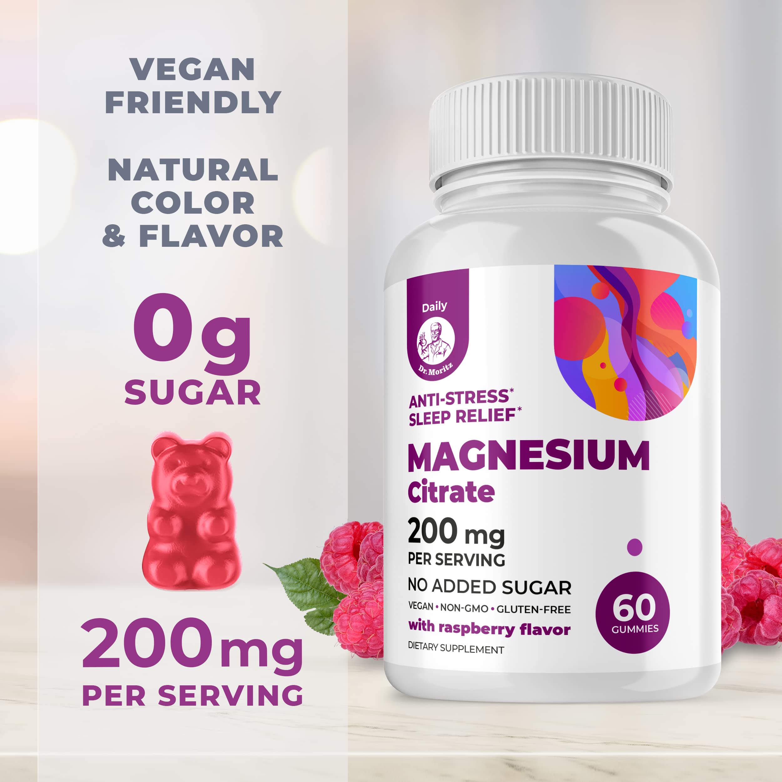 DR. MORITZ Magnesium Gummies raspberry gummy close-up for mood and sleep support.