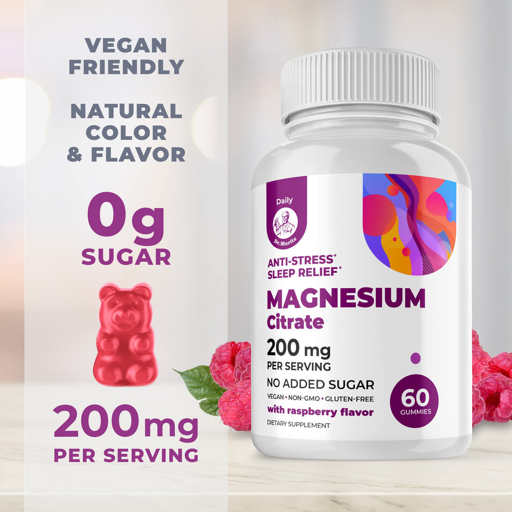 DR. MORITZ Magnesium Gummies raspberry gummy close-up for mood and sleep support.
