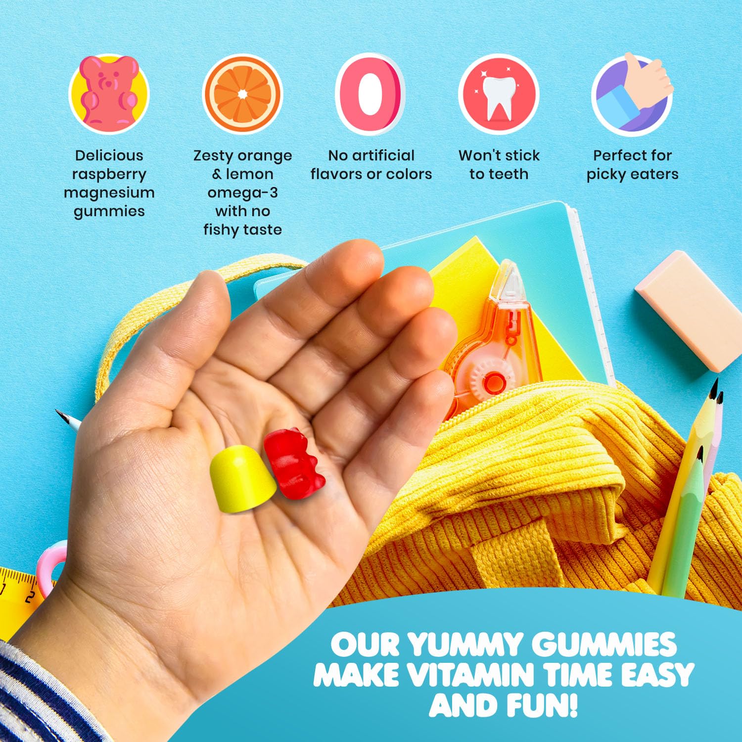 Close-up of DR. MORITZ Omega-3 gummies with lemon-orange flavor.