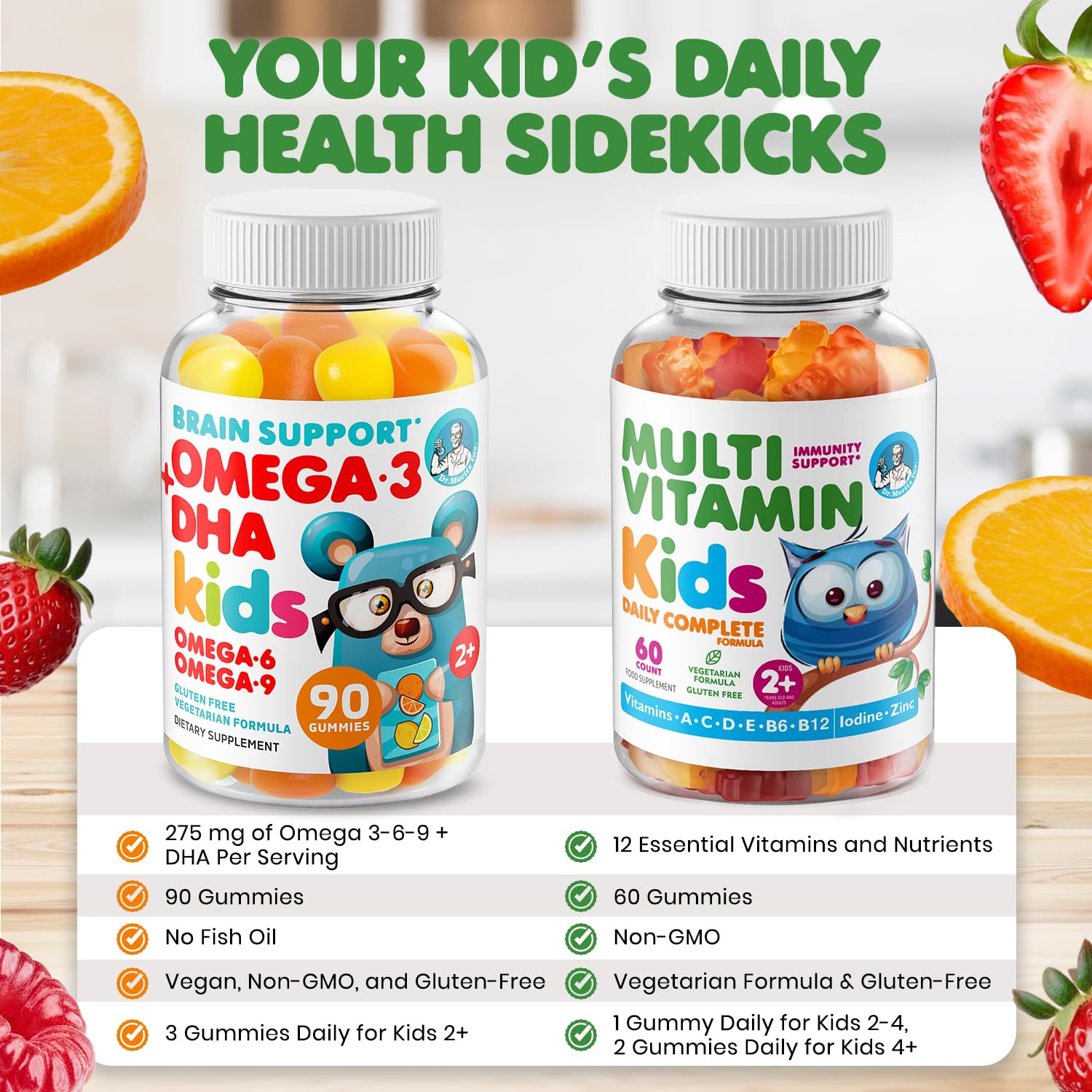 DR. MORITZ Omega 3 Gummies label close-up highlights vegan DHA and non-GMO ingredients.