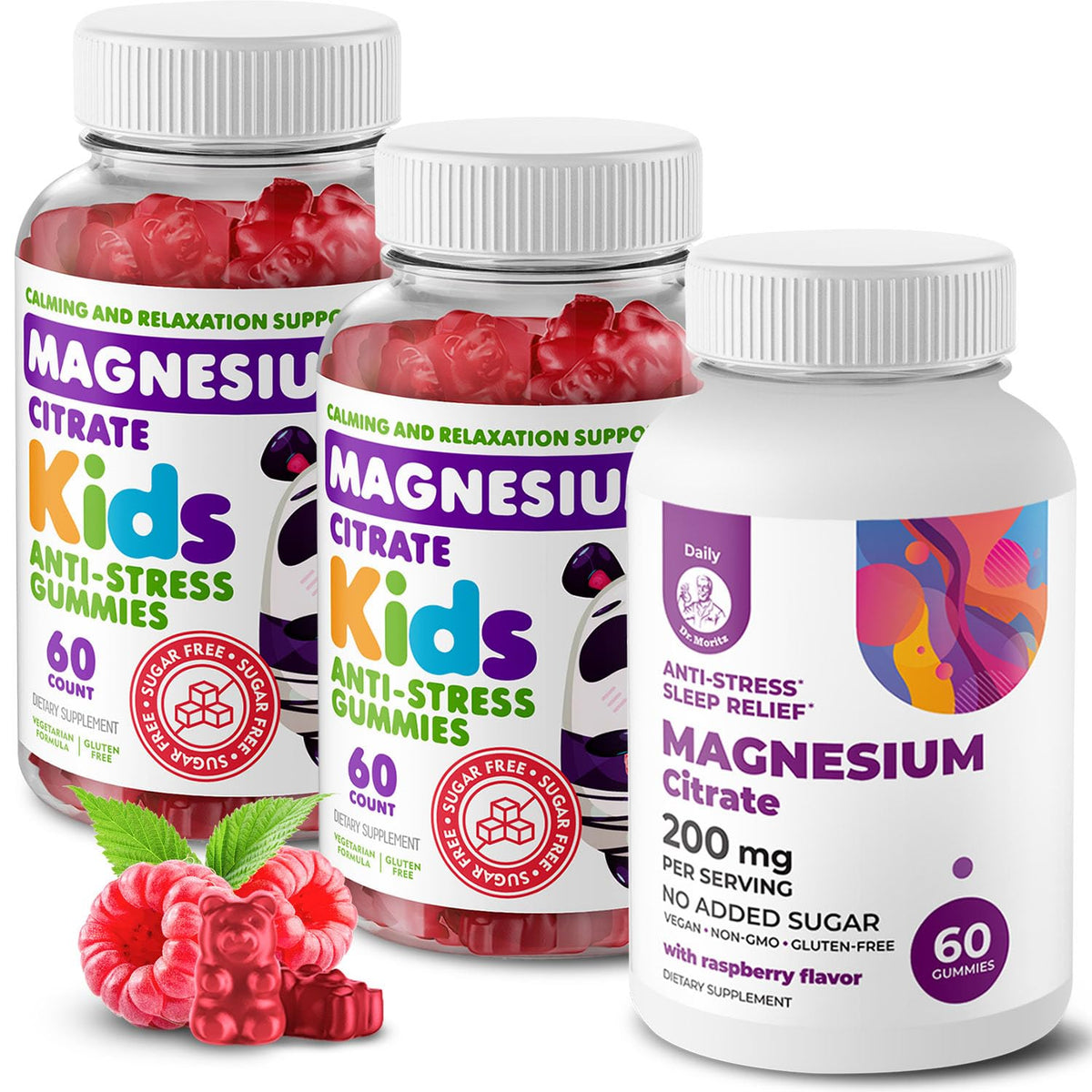 DR. MORITZ sugar-free calm magnesium gummies bottle with raspberry flavor for relaxed evenings