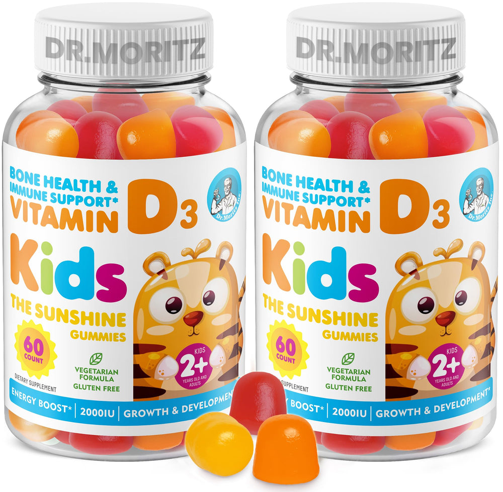 DR. MORITZ Vitamin D gummies bottle label highlighting 2000 IU for immune support.