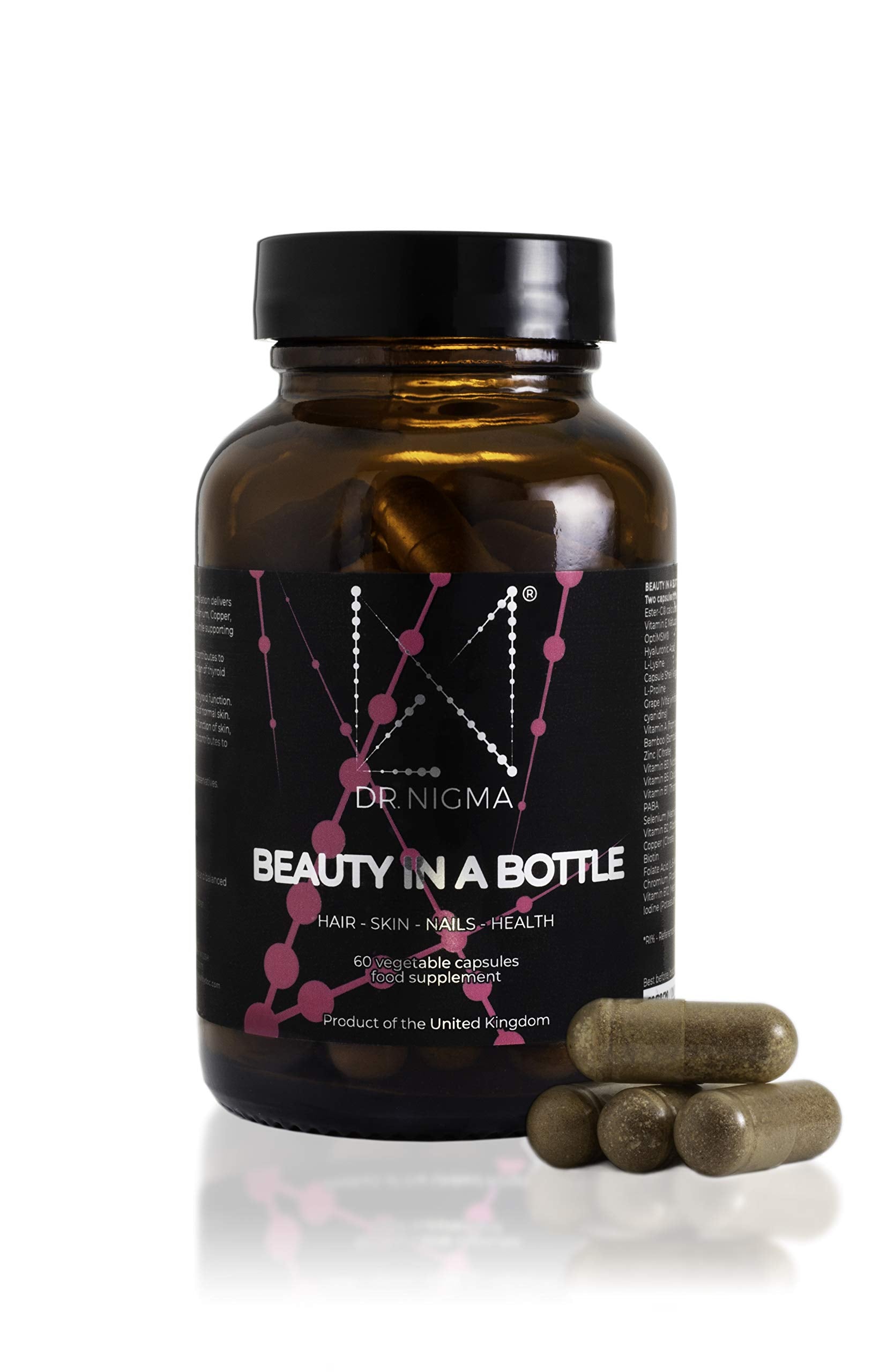 Dr. Nigma Beauty in a Bottle capsules in packaging supporting hair and nails.