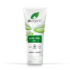 Dr Organic Aloe Vera Gel 200ml bottle closeup showing soothing gel for the skin