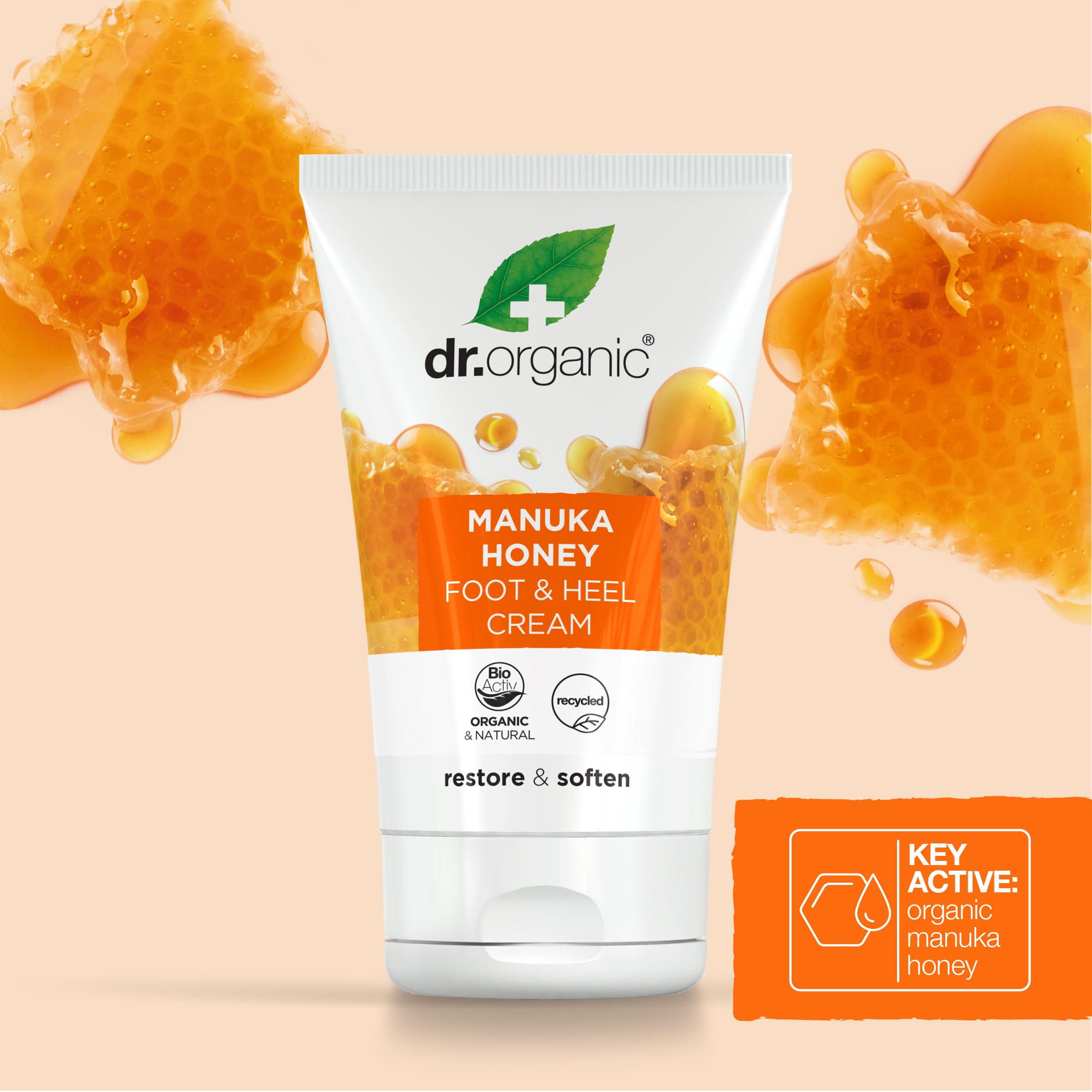 Eco-friendly packaging by Dr Organic using recycled materials for foot cream