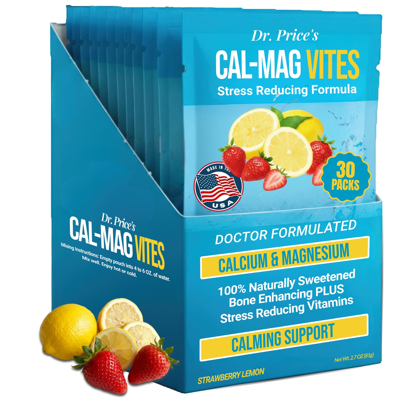 Dr. Price's Cal-Mag Vites packet closeup for convenient on-the-go calcium and magnesium support.