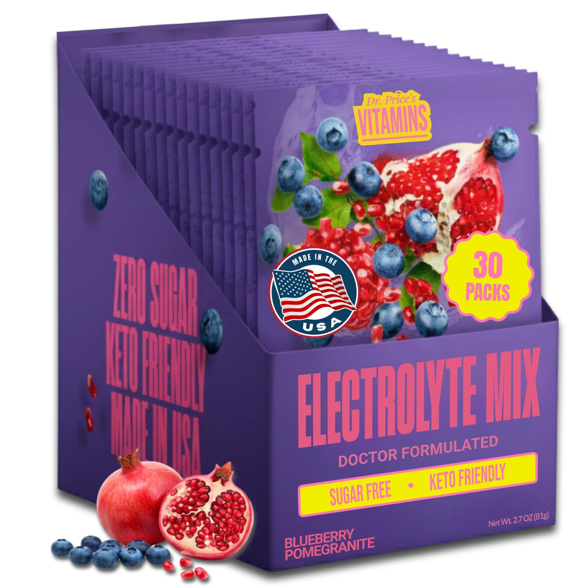 Dr. Price's Electrolytes Blueberry Pomegranate packets front view for workout hydration
