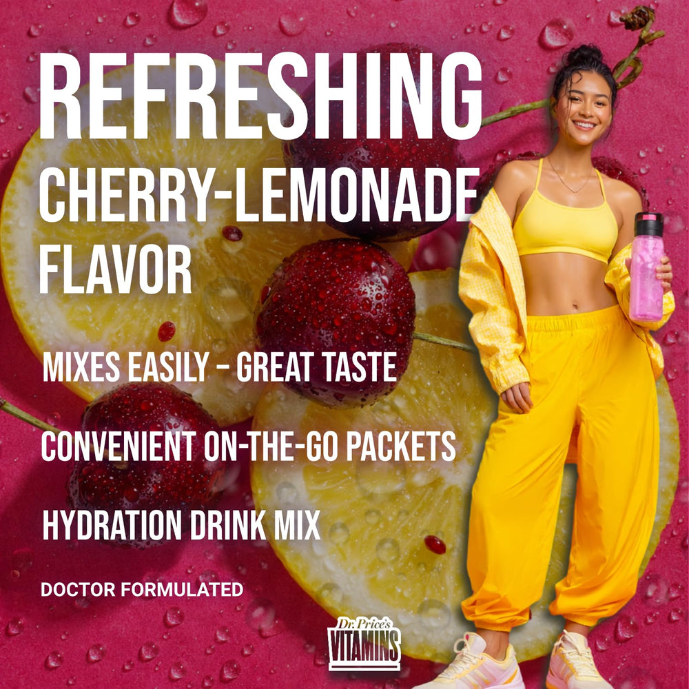 Compact foil-pack of Dr. Price's Cherry Lemonade electrolytes for travel