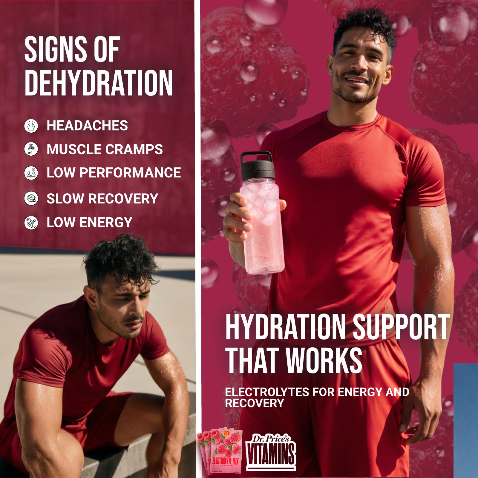 Dr Price's Electrolytes Raspberry label close-up communicates sugar-free vegan formula for keto routines.