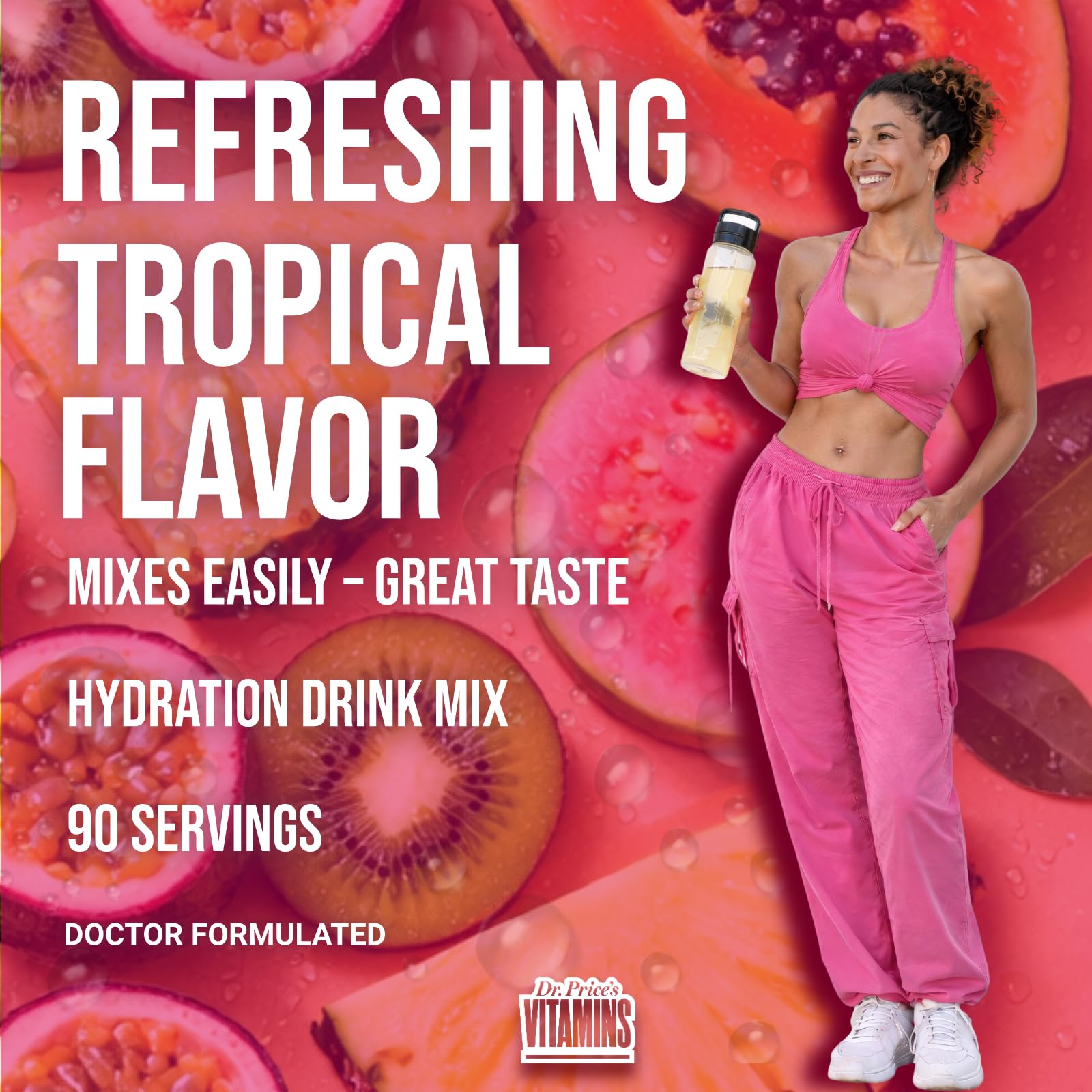 Dr. Price's Electrolytes Tropical gym-bottle scene shows on-the-go hydration.