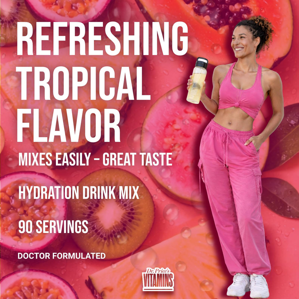 Dr. Price's Electrolytes Tropical gym-bottle scene shows on-the-go hydration.