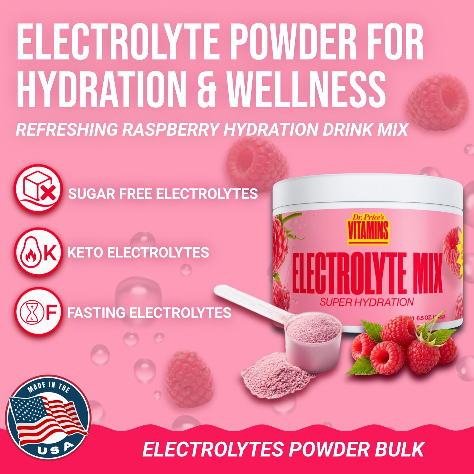 Dr. Price's Electrolytes Raspberry dissolving in water for clean, sugar-free hydration